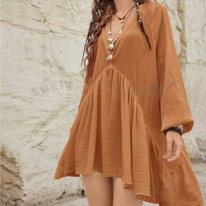 Boho Orange V-Neck Backless Dress in Khaki